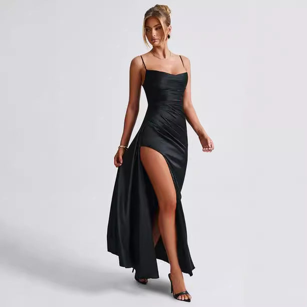 Damen Elegantes Maxikleid mit seitlichem Schlitz und schmalen Spaghettiträgern Drune