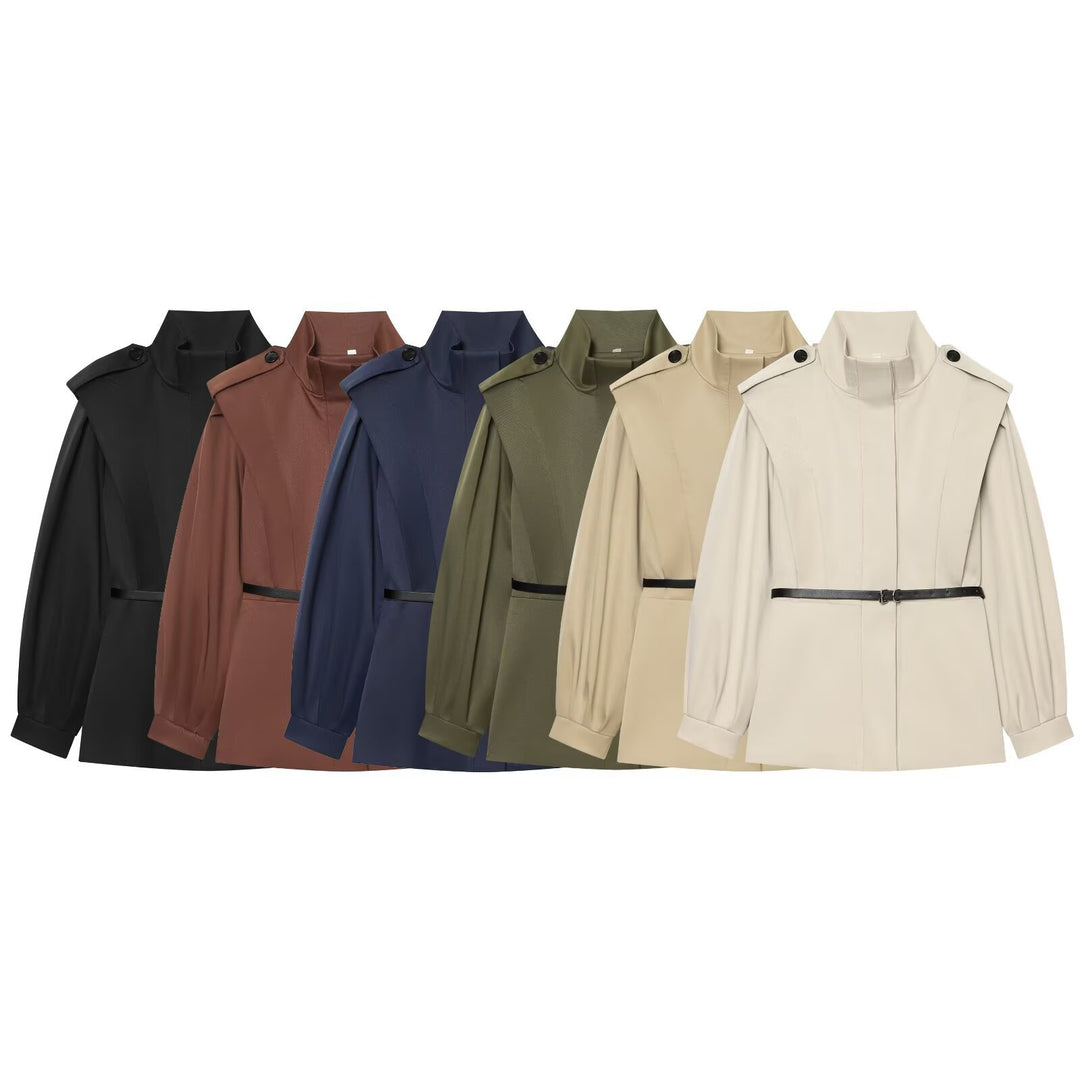 Damen Cape-ähnliche Manteljacke mit Stehkragen, Schulterklappen und Taillengürtel Drune