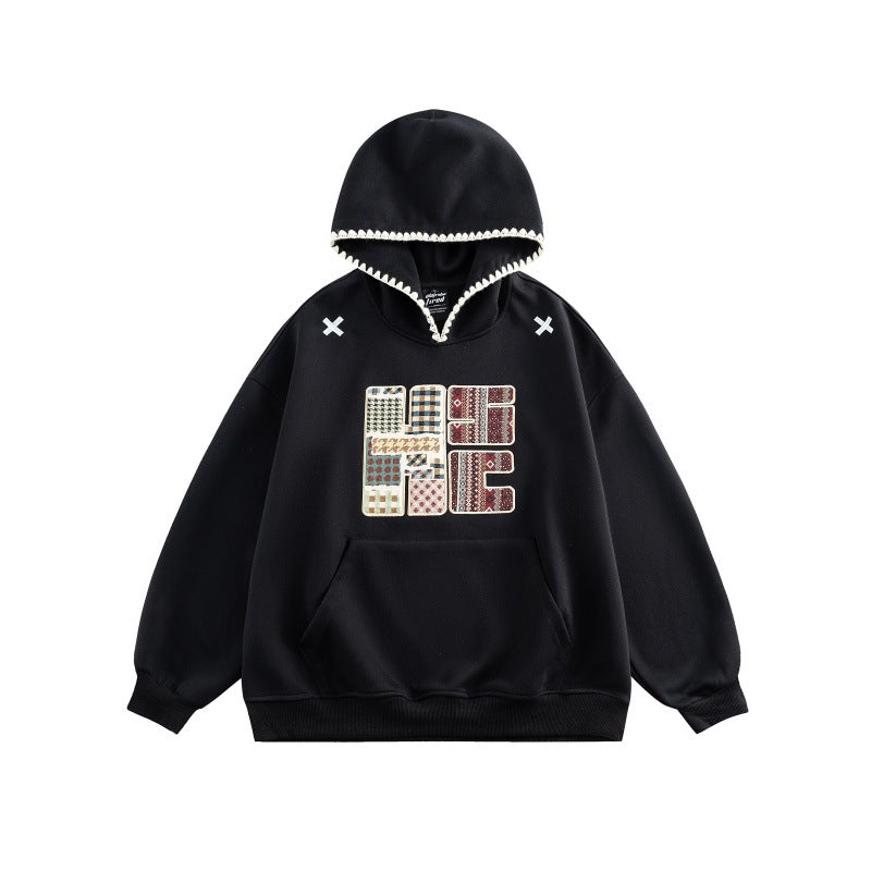 Unisex Weit geschnittener Kapuzenpullover mit Patchwork-Applikation und Kängurutasche Drune