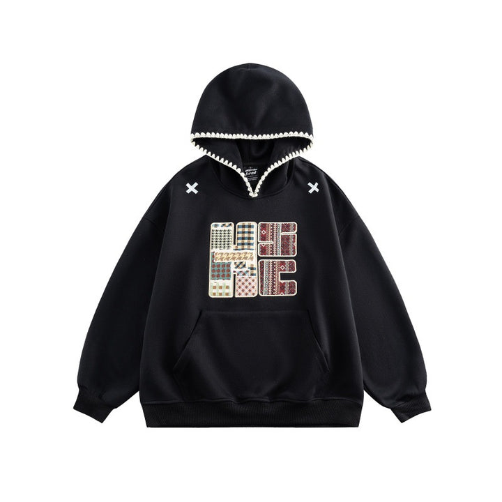 Unisex Weit geschnittener Kapuzenpullover mit Patchwork-Applikation und Kängurutasche Drune