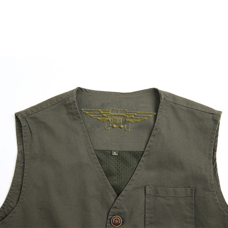 Unisex Canvas-Utility-Weste mit gestreiftem Innenfutter, aufgesetzten Taschen und Knopfverschluss Drune