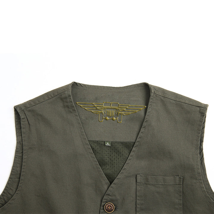 Unisex Canvas-Utility-Weste mit gestreiftem Innenfutter, aufgesetzten Taschen und Knopfverschluss Drune