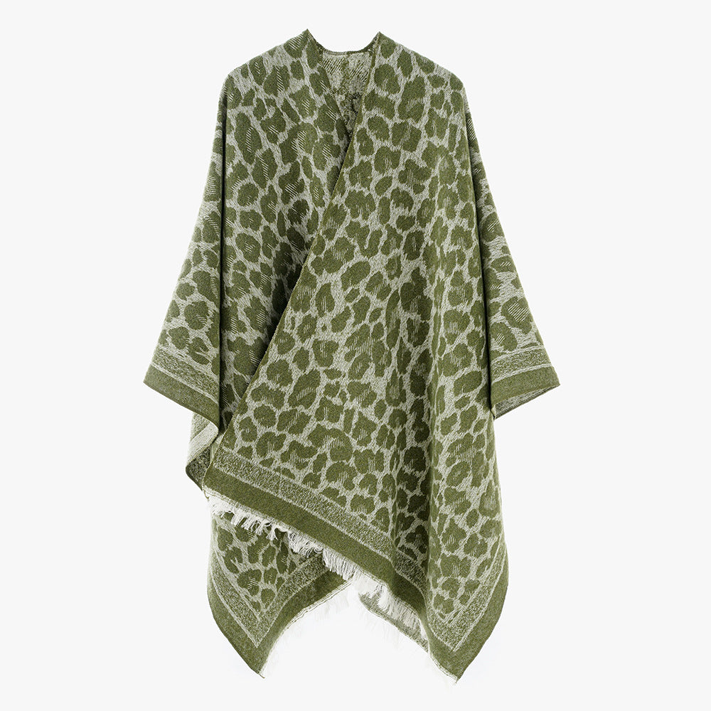 Damen Jacquard-Capeponcho mit Leo-Struktur und Fransensaum Drune