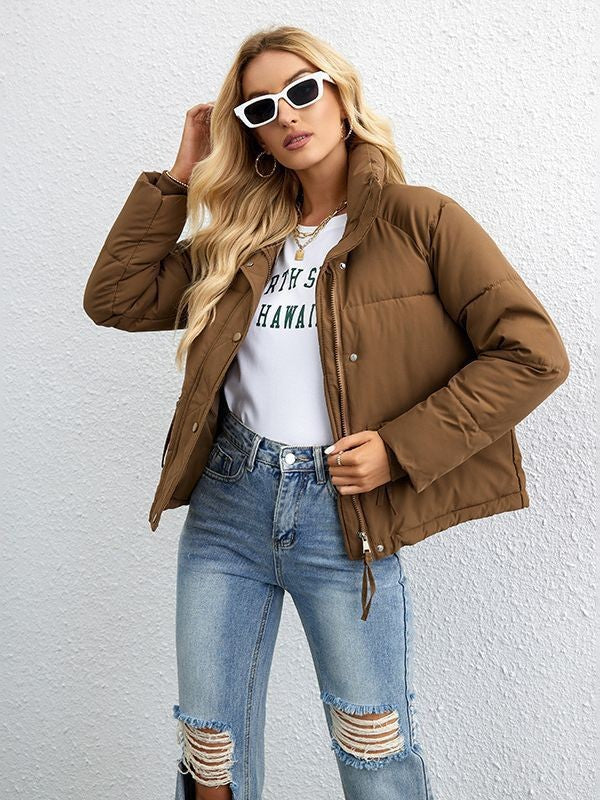 Damen nan kurze gesteppte Daunenoptik-Steppjacke mit hohem Stehkragen, Kordelzug und Ziptaschen Drune