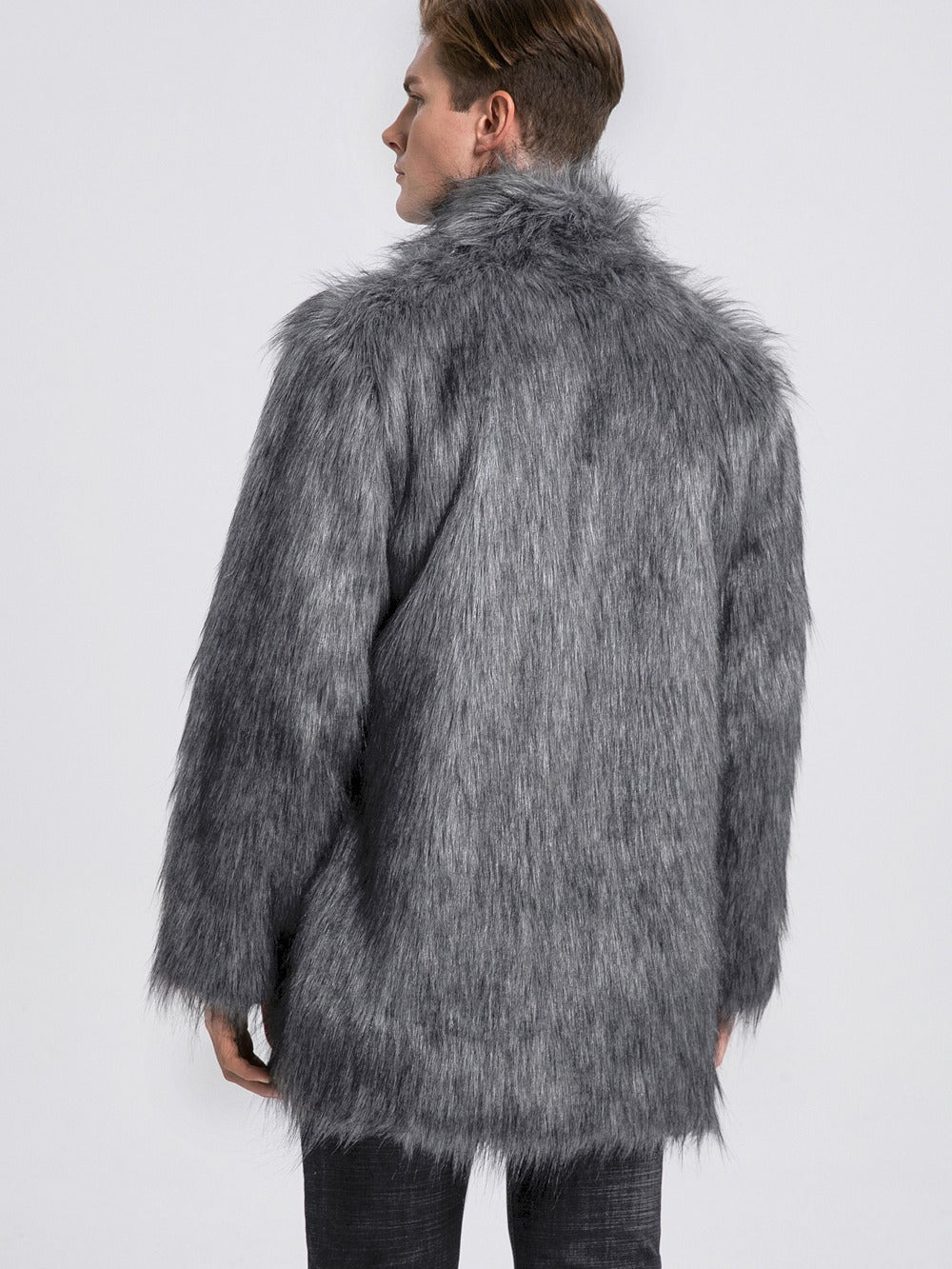 Herren Eleganter Kunstfell-Mantel mit weitem Kragen Drune