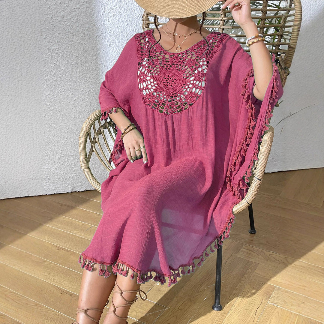 Damen Strandtunika mit elegantem Häkelmuster und fransigen Details Drune