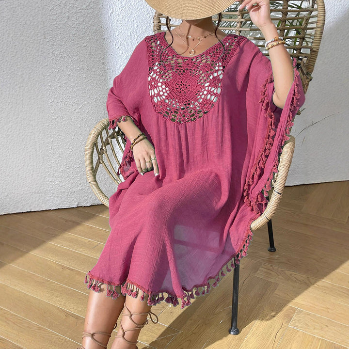Damen Strandtunika mit elegantem Häkelmuster und fransigen Details Drune