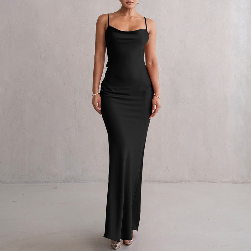 Damen Satin Maxikleid mit zarten Trägern und eleganter Drapierung Drune
