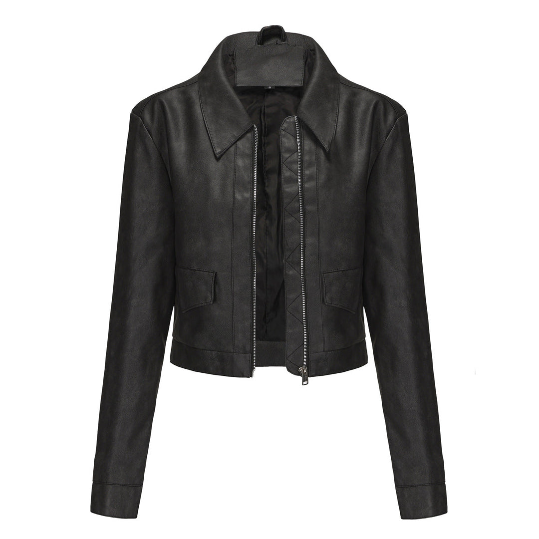 Damen modische cropped Kunstlederjacke mit klassischem Wellenkragen Drune