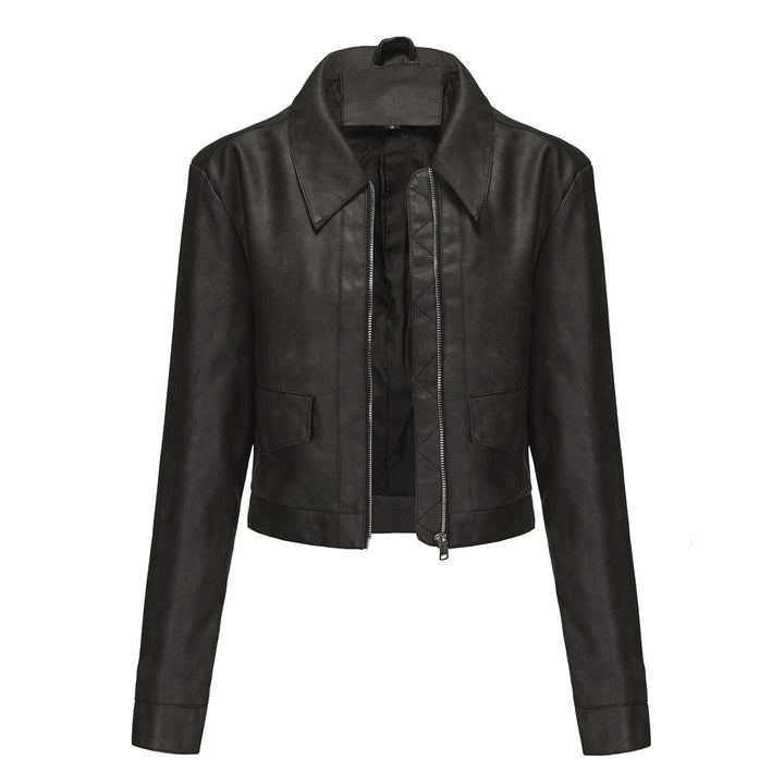 Damen modische cropped Kunstlederjacke mit klassischem Wellenkragen Drune