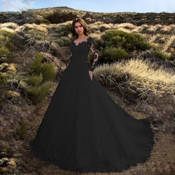 Damen Elegantes Spitzen-Abendkleid mit tiefem V-Ausschnitt und langen Ärmeln Drune