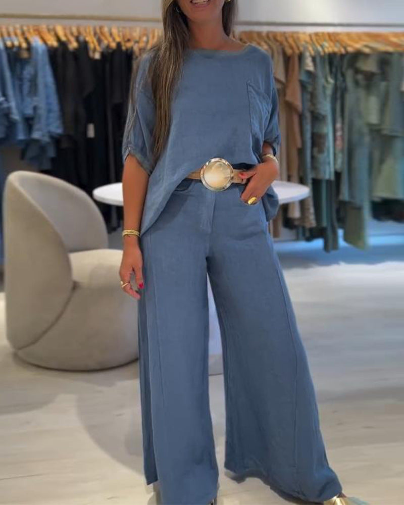 Damen nan lässiges Leinenmix-Zweiteiler mit kastigem Oversize-Top, aufgesetzter Brusttasche und weitem Palazzo-Hosenbein Drune