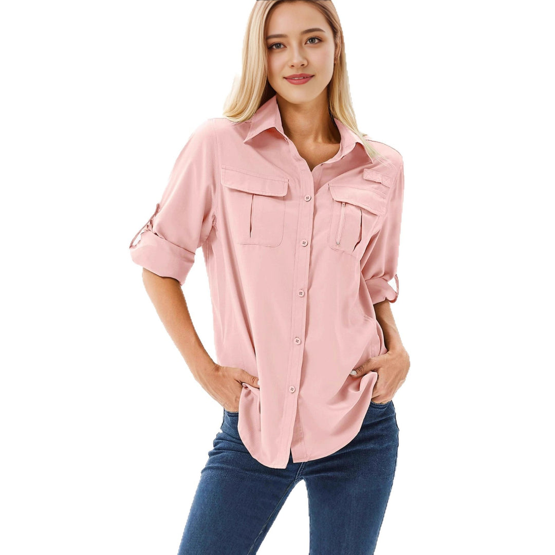 Damen lässige Bluse mit praktischen Taschen und umschlagbaren Ärmeln Drune