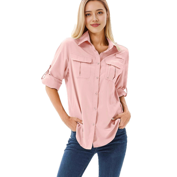 Damen lässige Bluse mit praktischen Taschen und umschlagbaren Ärmeln Drune