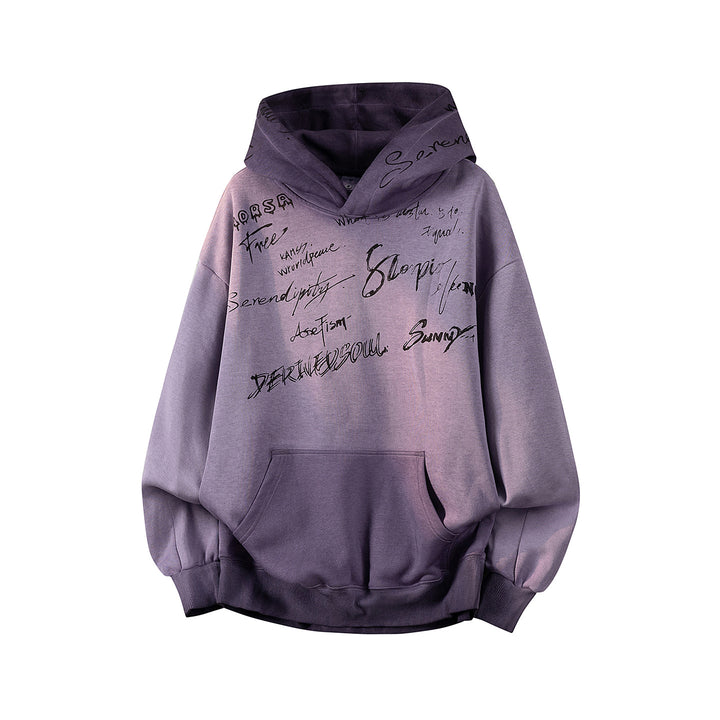 Unisex Oversize Kapuzenpullover mit handschriftlichem Grafik-Print, Kängurutasche & geripptem Saum Drune