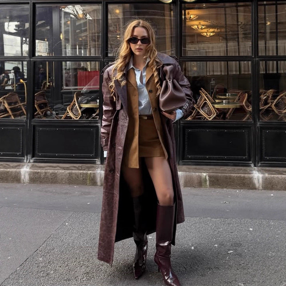 Damen Langer Trenchcoat aus Lederimitat mit Oversize-Schultern und taillierter Silhouette Drune