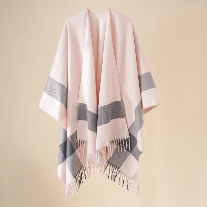 Damen Wollmix‑Schulterponcho mit Fransensaum und kontrastierenden Blockstreifen Drune