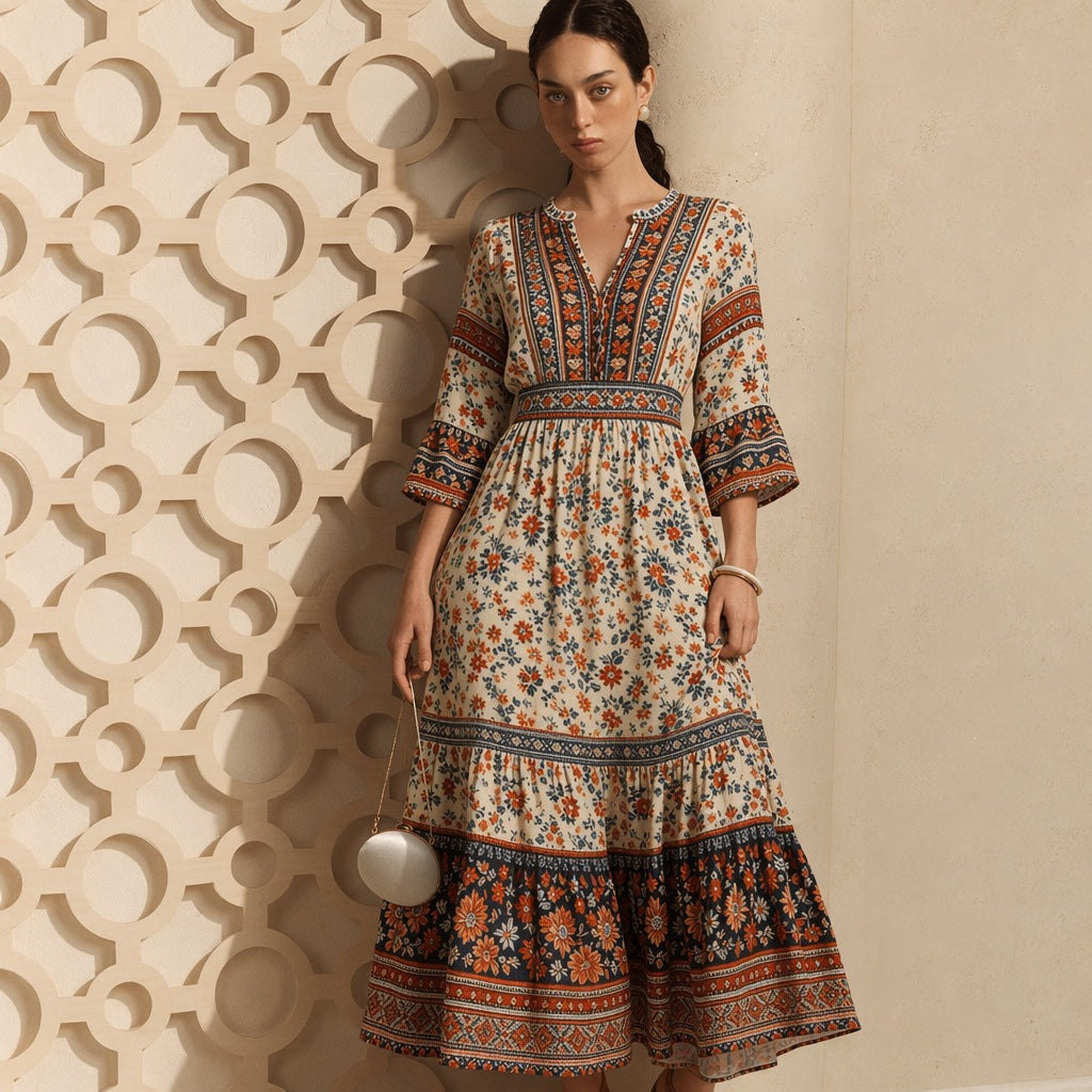 Damen langes Boho-Maxi-Kleid mit V-Ausschnitt geraffter Taille und mehrlagigem Stufenrock Drune