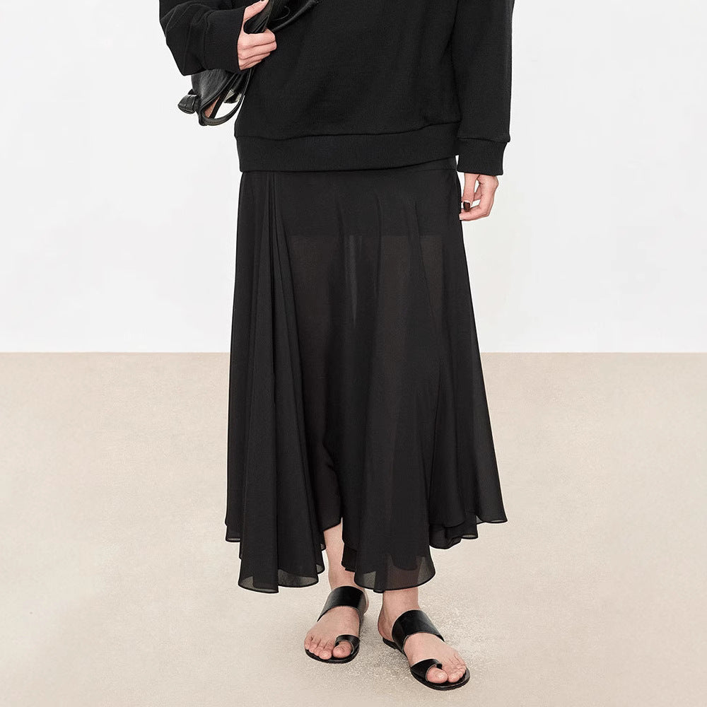 Satinrock Schwarz Damen Maxi leicht und schwingend