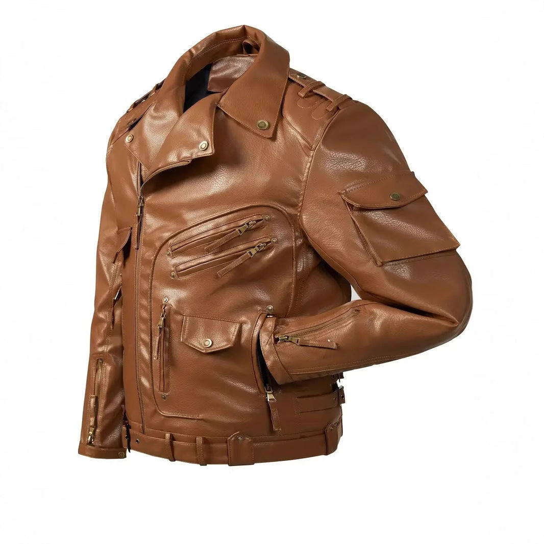 Herren Stylische Bikerjacke mit Mehreren Reißverschlusstaschen und Gürteldetail Drune