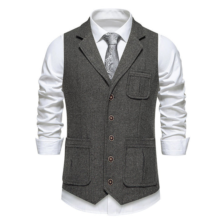 Herren Tweed‑Weste mit Fischgrätmuster, Reverskragen und aufgesetzten Taschen Drune
