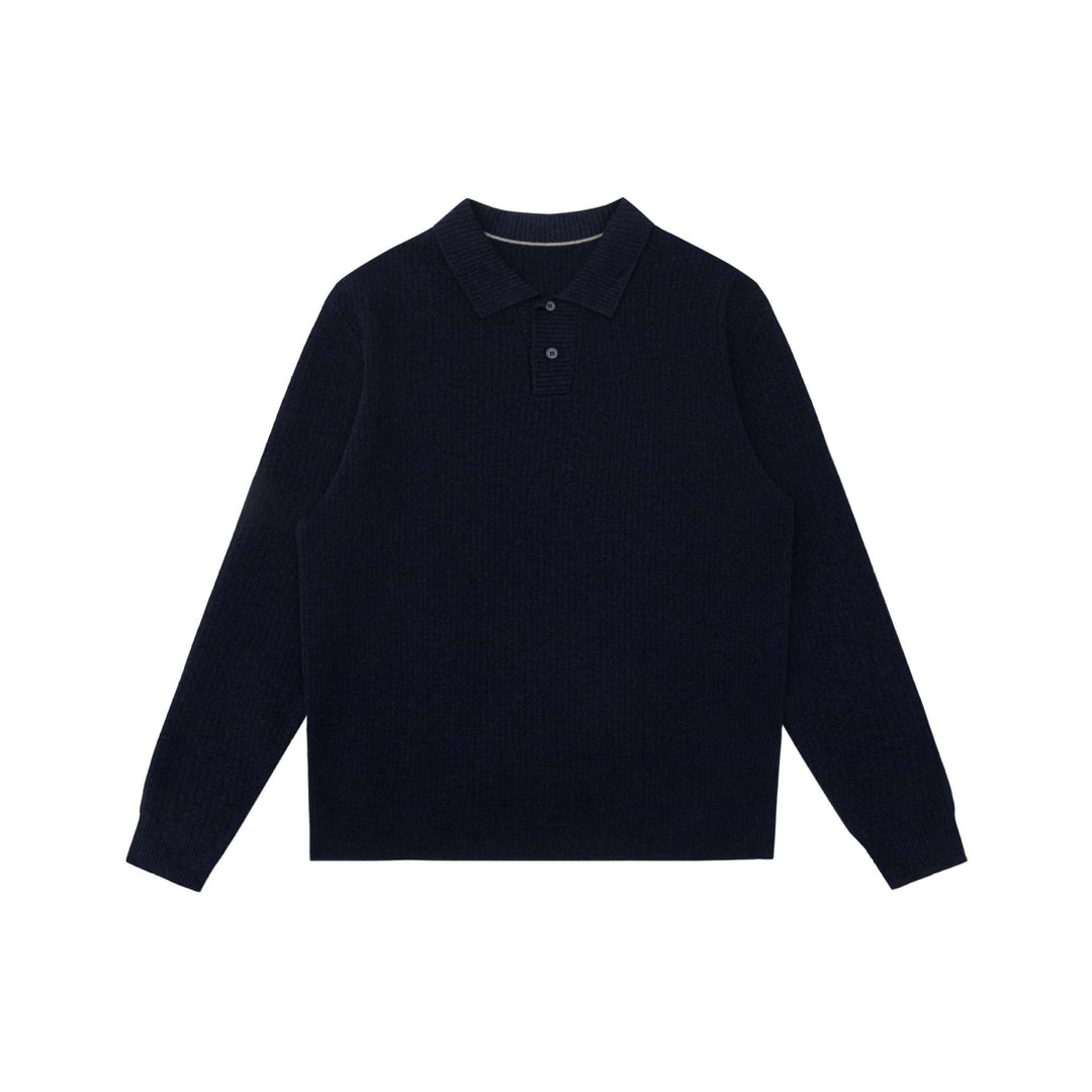 Unisex Gerippter Polokragen-Pullover aus Feinstrick mit Knopfleiste Drune