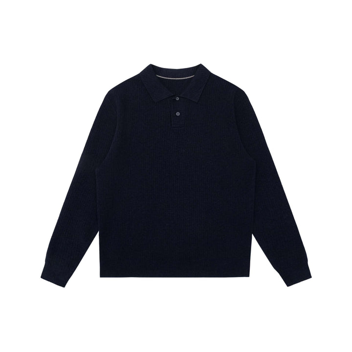 Unisex Gerippter Polokragen-Pullover aus Feinstrick mit Knopfleiste Drune