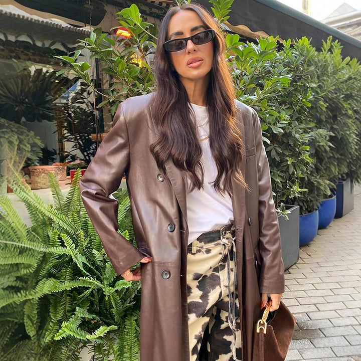 Damen langer Lederimitatmantel mit doppelreihiger Knopfleiste und Oversize-Schnitt Drune