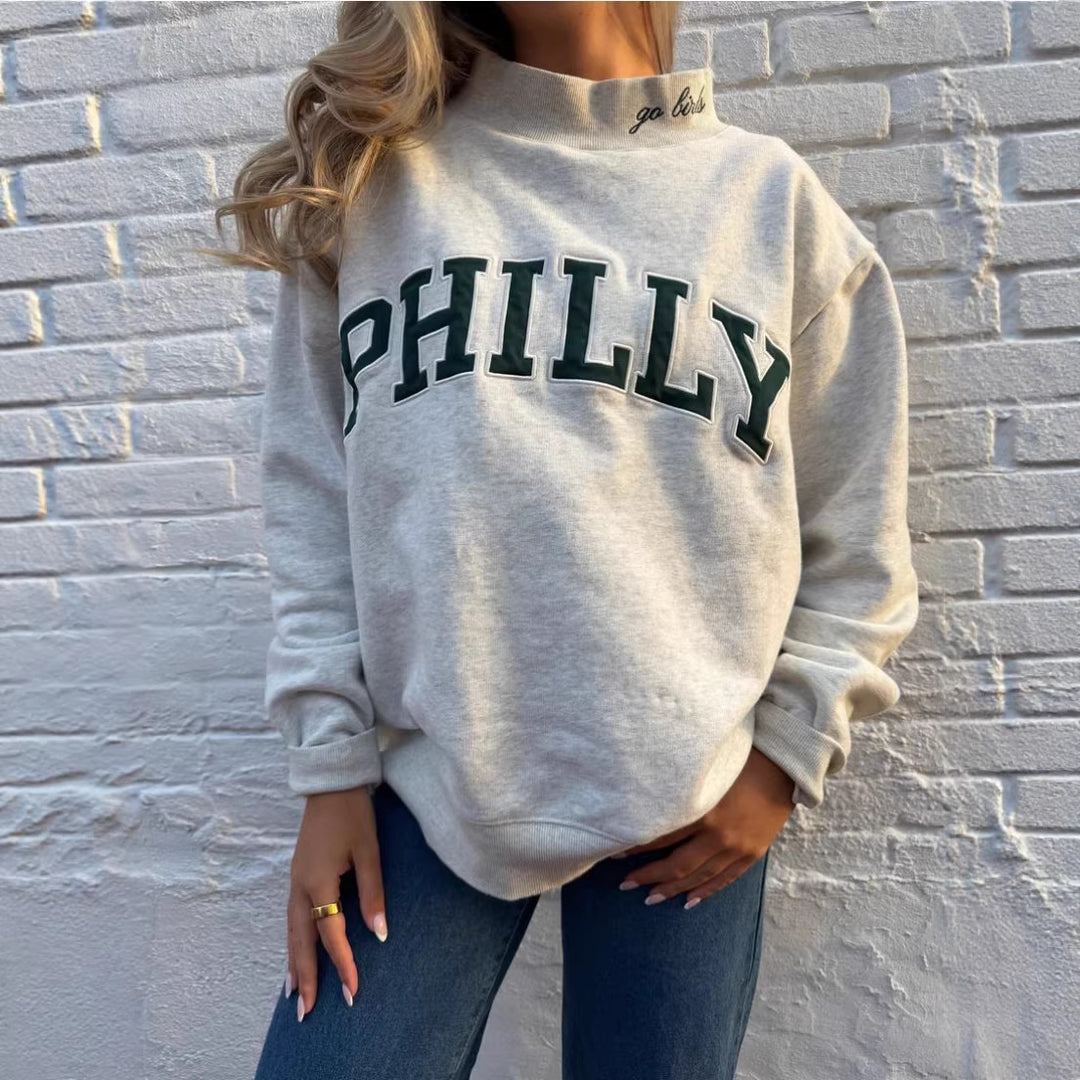 Damen nan weit geschnittenes College-Sweatshirt mit hohem Stehkragen und aufgenähtem Schriftzug Drune