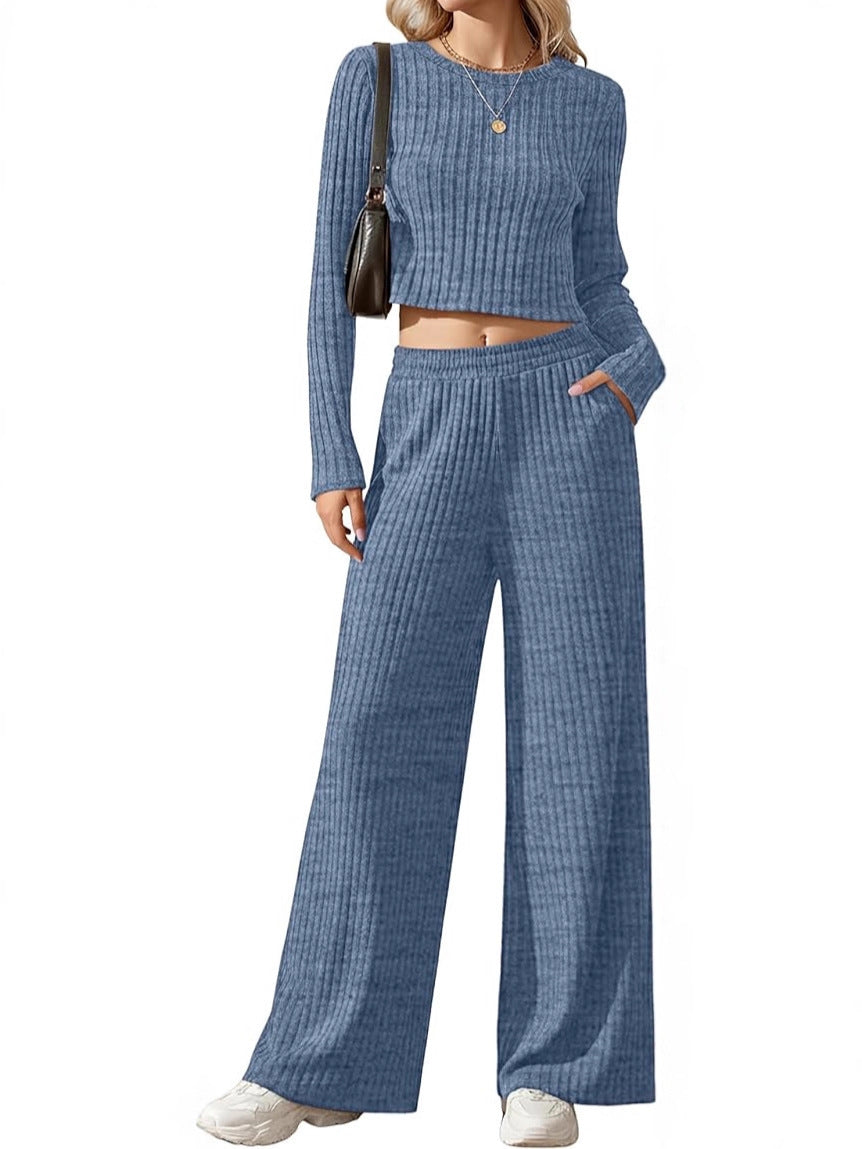 Damen Geripptes Feinstrick-Lounge-Set mit Cropped Langarmtop und High-Waist Palazzohose Drune