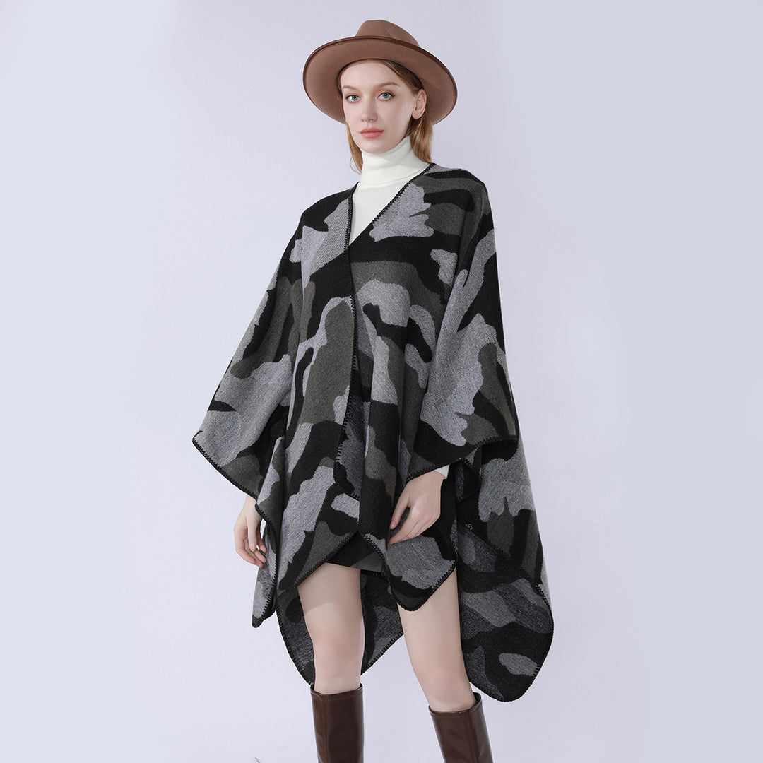 Damen Oversize-Cape mit Camouflage-Jacquard, offener Kimono-Fall und Ziernaht Drune