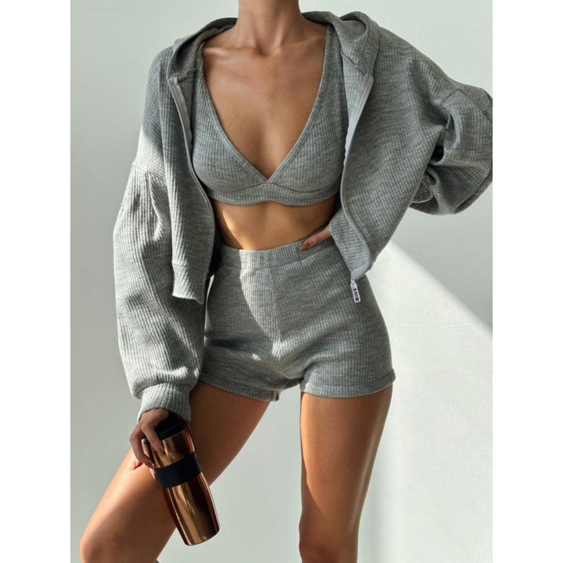 Damen nan kurzes geripptes Lounge-Set mit Kapuzen-Zipjacke und Highwaist-Shorts Drune