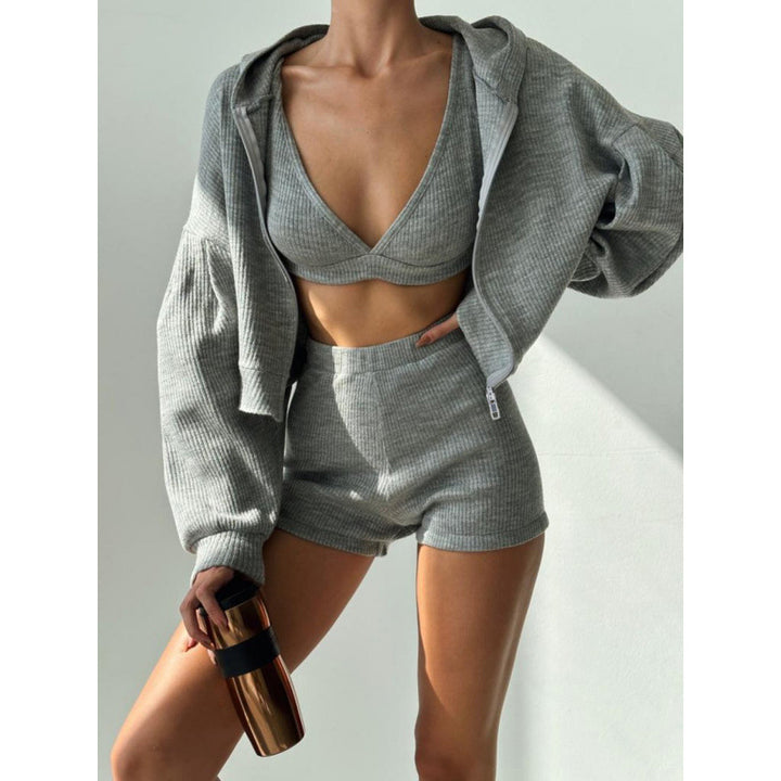 Damen nan kurzes geripptes Lounge-Set mit Kapuzen-Zipjacke und Highwaist-Shorts Drune