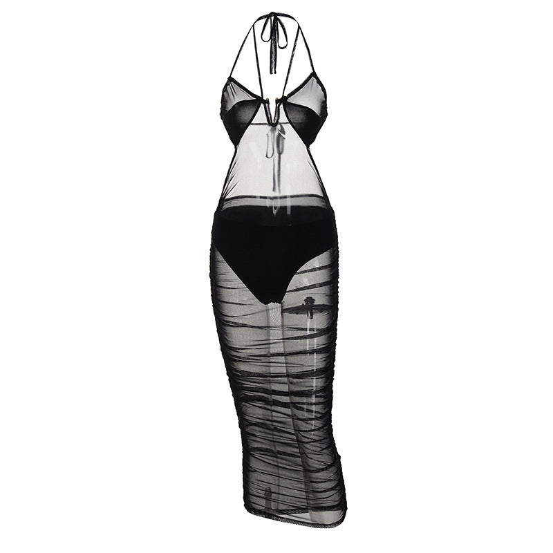 Damen Transparente Bodycon Maxikleid mit tiefem Ausschnitt und verspielten Trägern Drune
