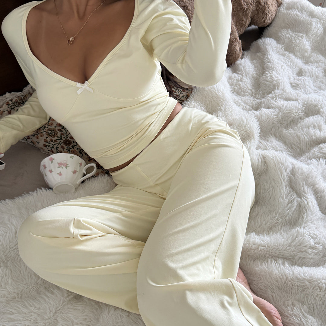 Damen Zweiteiliges Lounge-Set aus weichem Jersey mit Cropped V-Ausschnitt Oberteil und hochtaillierter Palazzohose Drune