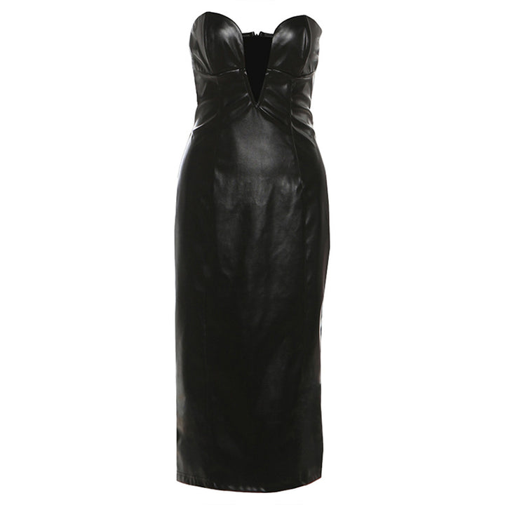 Damen figurbetontes Lederkleid mit herzförmigem Ausschnitt und eleganten Raffungselementen Drune
