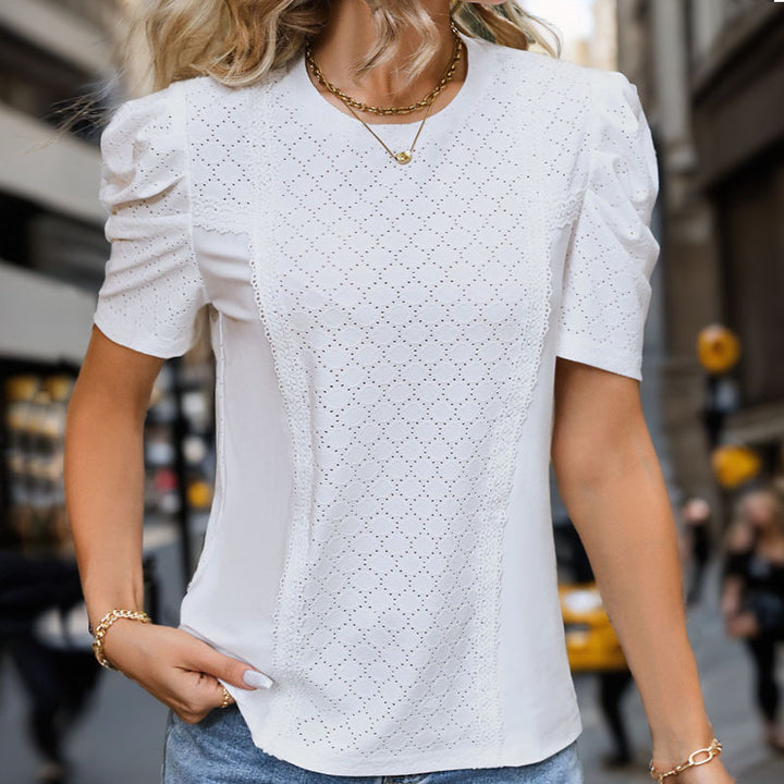 Damen elegante Bluse mit Spitzendetails und Puffärmeln Drune