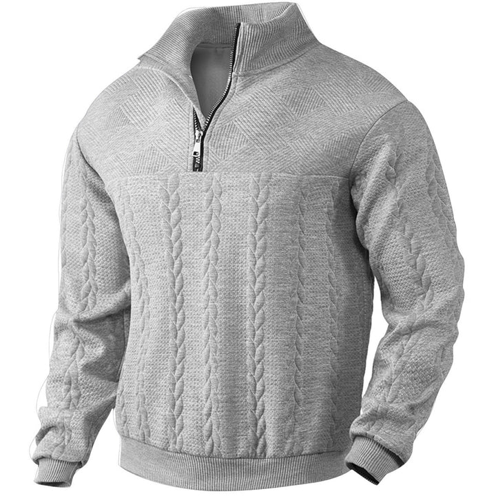 Herren nan texturierter Strickpullover mit Halbzip, geflochtenem Zopfmuster und hohem Stehkragen Drune