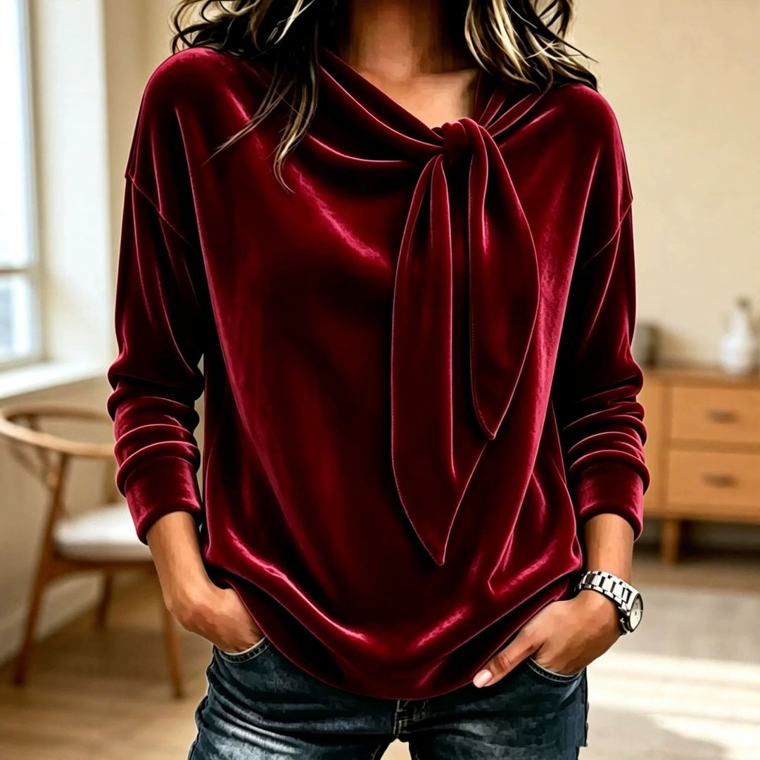 Damen Drapiertes Velours-Sweatshirt mit Knotenschalkragen Drune
