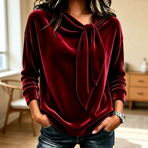 Damen Drapiertes Velours-Sweatshirt mit Knotenschalkragen Drune