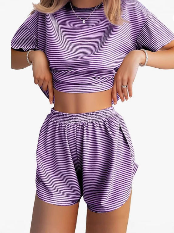 Damen Lässiges Streifen-Set mit weitem T-Shirt und Shorts Drune