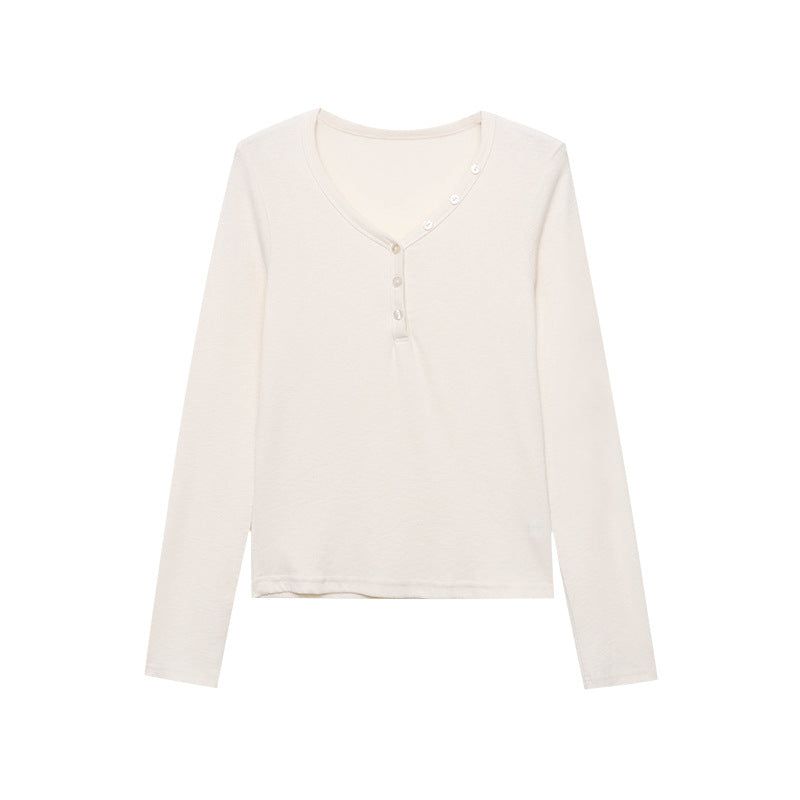 Damen Langarmshirt mit V-Ausschnitt und Knopfleiste Drune