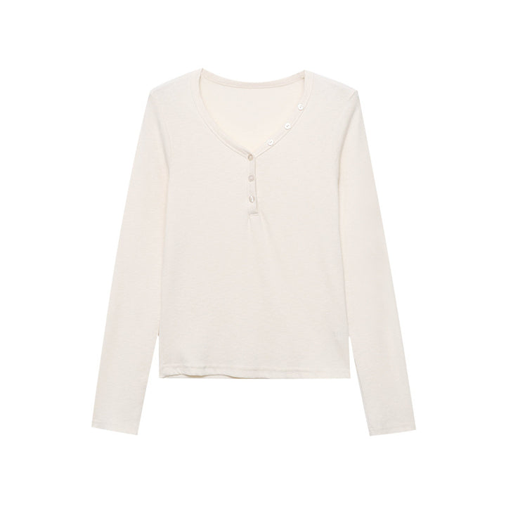 Damen Langarmshirt mit V-Ausschnitt und Knopfleiste Drune