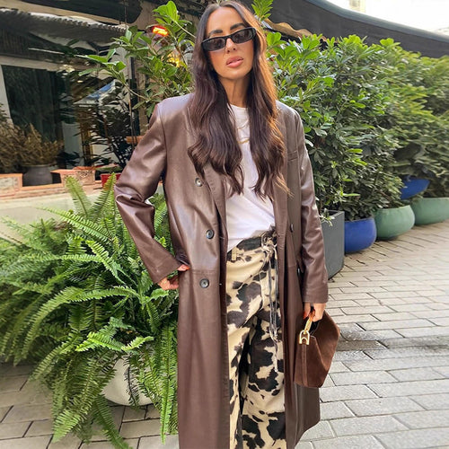 Damen langer Lederimitatmantel mit doppelreihiger Knopfleiste und Oversize-Schnitt Drune