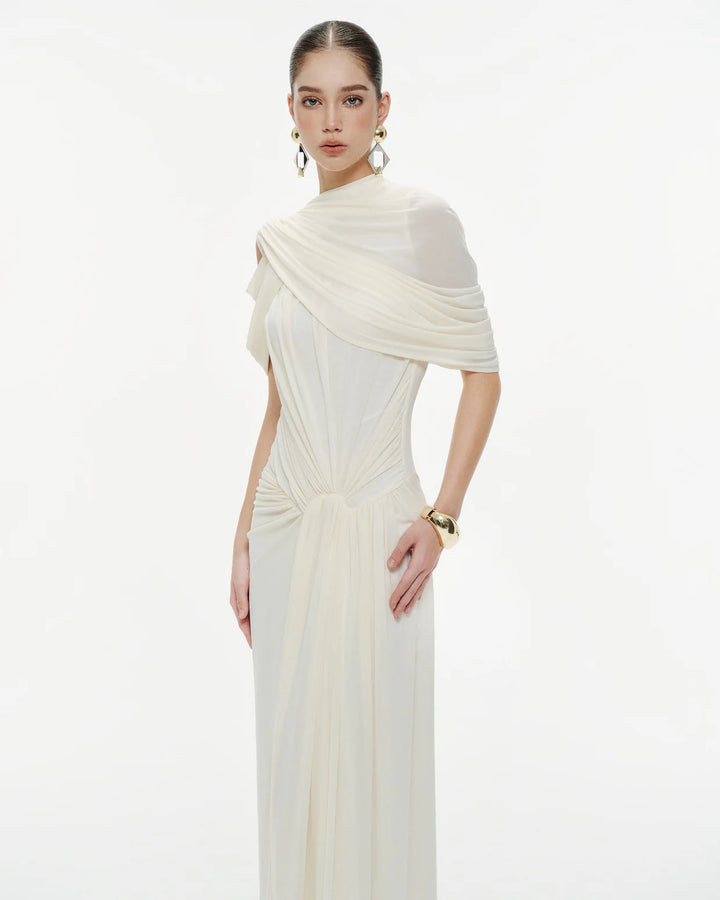 Damen elegantes Maxikleid mit innovativen Drapierungsdetails und asymmetrischem Oberteil Drune