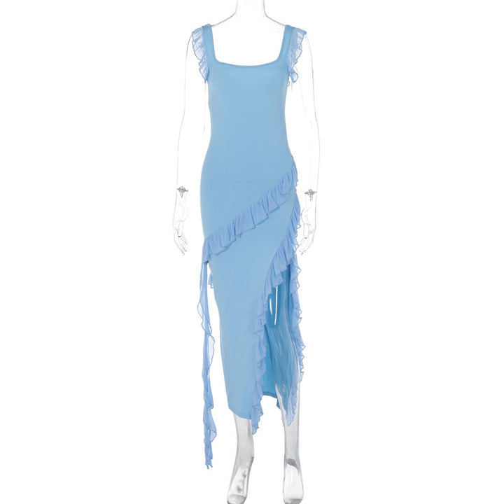 Damen asymmetrisches Maxi-Kleid mit Rüschendetails und hohem Schlitz Drune