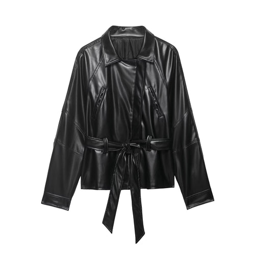 Damen Kurze Lederoptik-Trenchjacke mit Taillengürtel und überschnittenen Raglanärmeln Drune