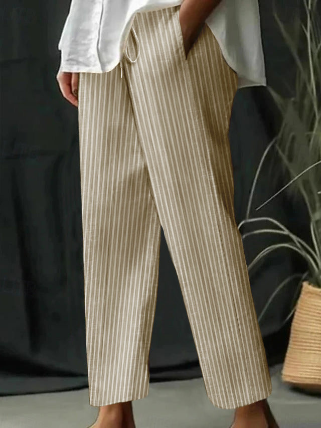 Damen gestreifte Leinen-Optik-Hose mit hohem Bund, Kordelzug und geradem, cropped Schnitt Drune