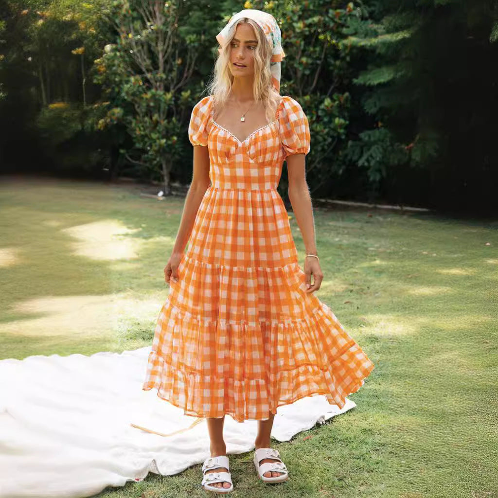 Damen maxi Kleid mit vollen Rüschen und Karomuster Drune