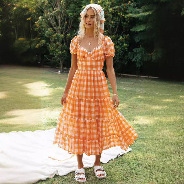Damen maxi Kleid mit vollen Rüschen und Karomuster Drune